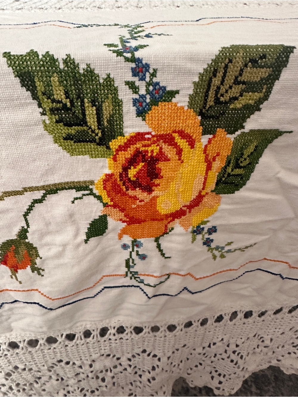 Handmade White Crochet Table Cloth with Embroidered Accents - Picture 5 of 7